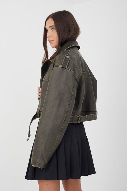 Brave Soul Khaki Faux Leather Cropped Biker Jacket - Khaki Image 2