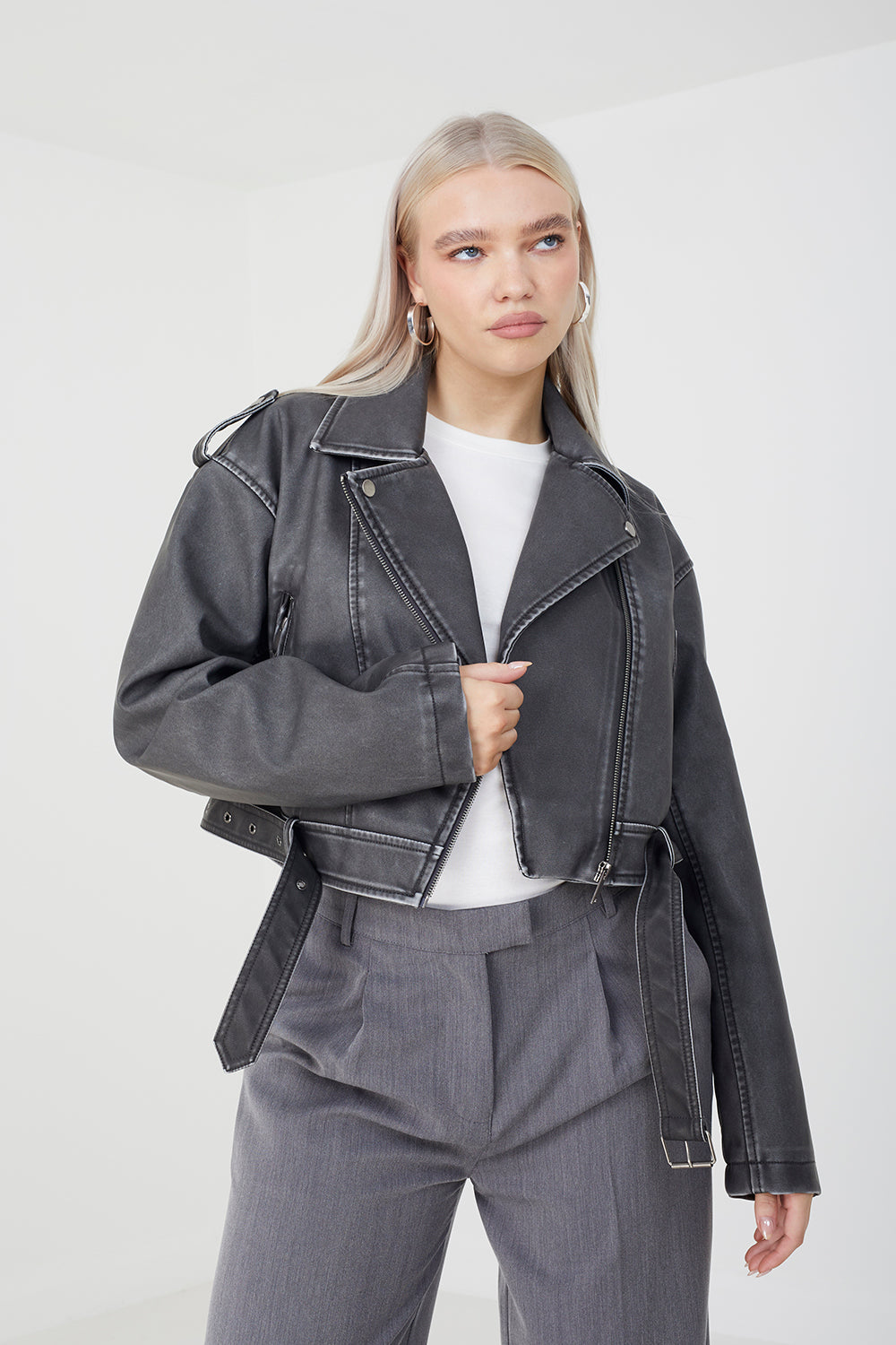 Brave Soul Black Faux Leather Cropped Biker Jacket - Black Image 1