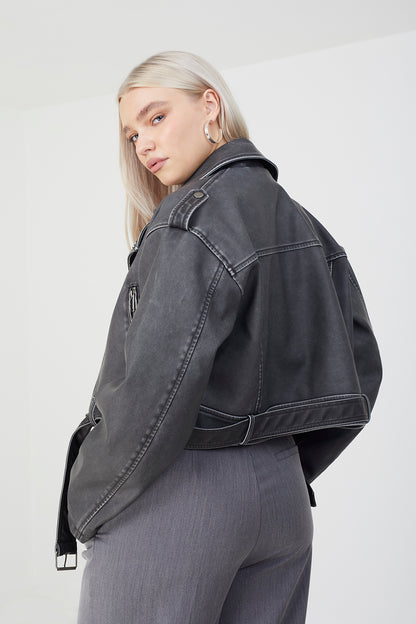 Brave Soul Black Faux Leather Cropped Biker Jacket - Black Image 2