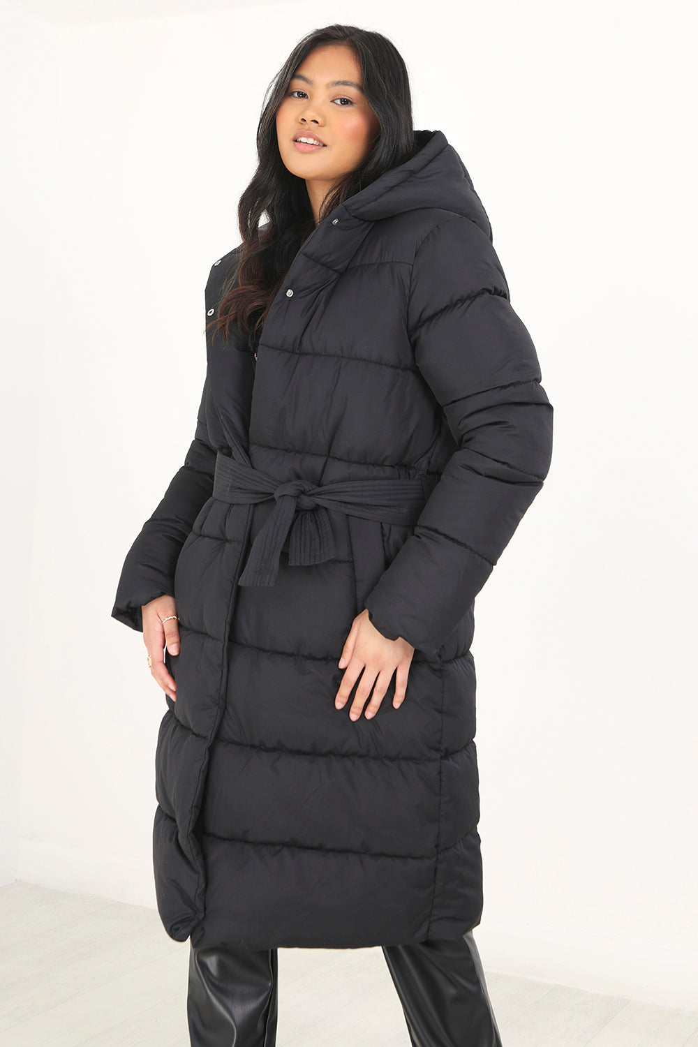 Brave Soul Black Maxi Hooded Puffer Jacket - Black Image 1