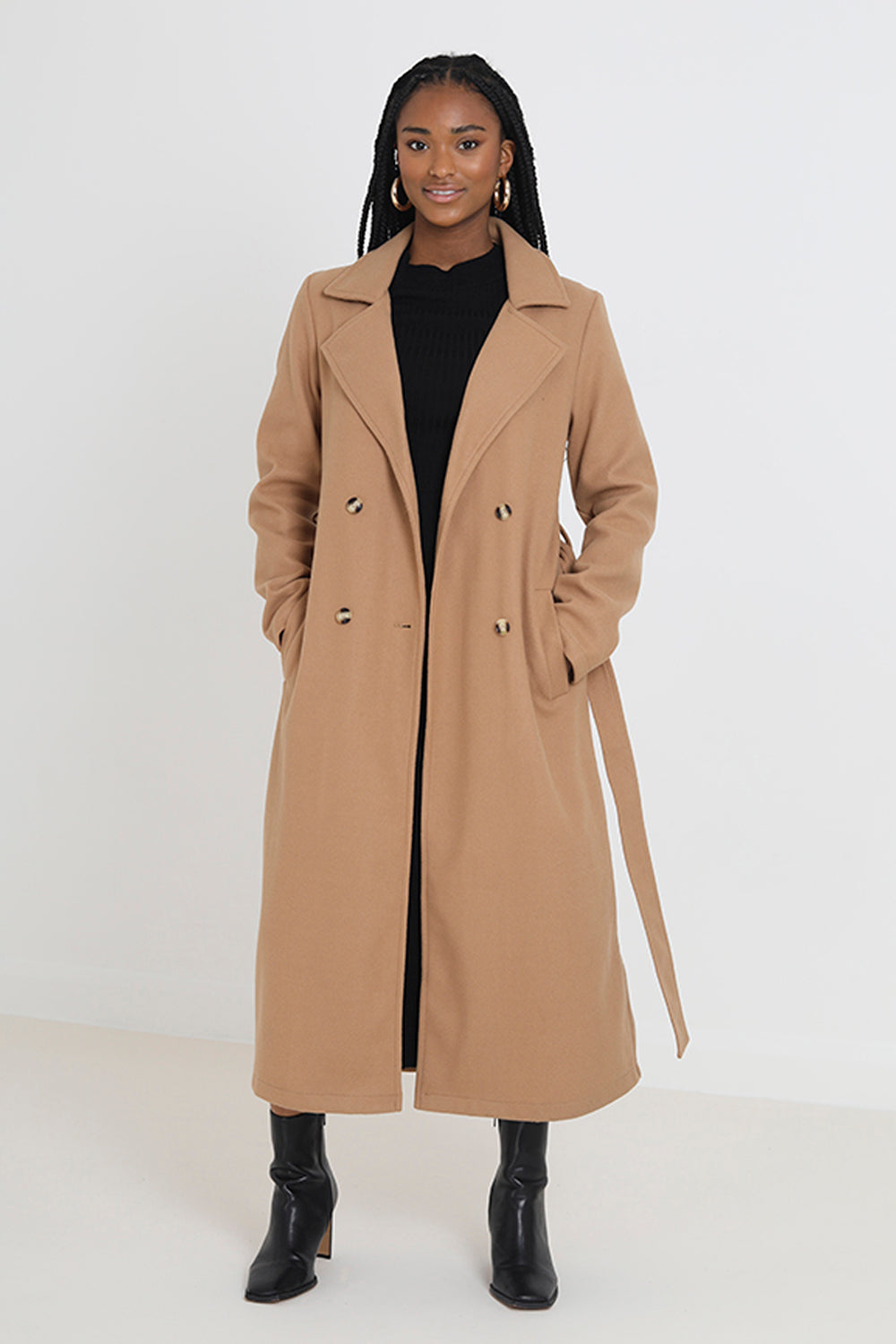 Brave Soul Camel Maxi Double Breasted Faux Wool Coat - Camel Image 1