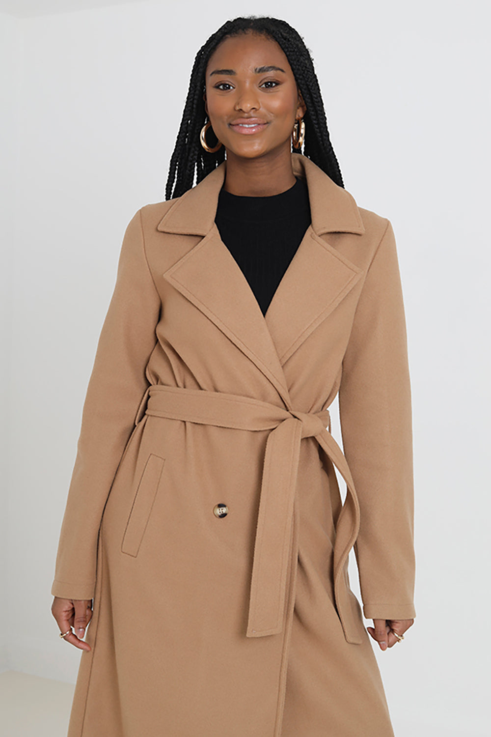 Brave Soul Camel Maxi Double Breasted Faux Wool Coat - Camel Image 3