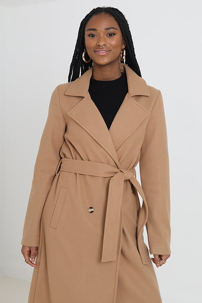 Brave Soul Camel Maxi Double Breasted Faux Wool Coat - Camel Image 3