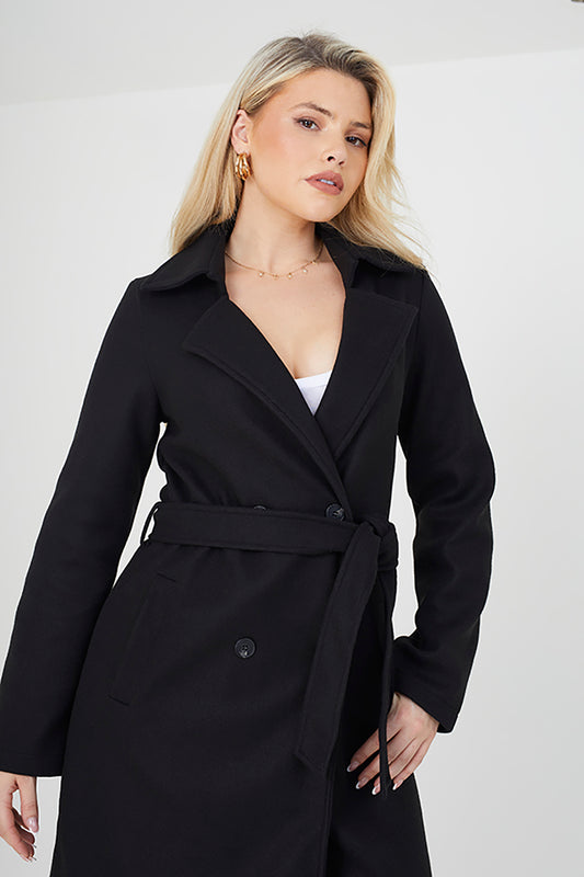 Brave Soul Black Maxi Double Breasted Faux Wool Coat - Black Image 1