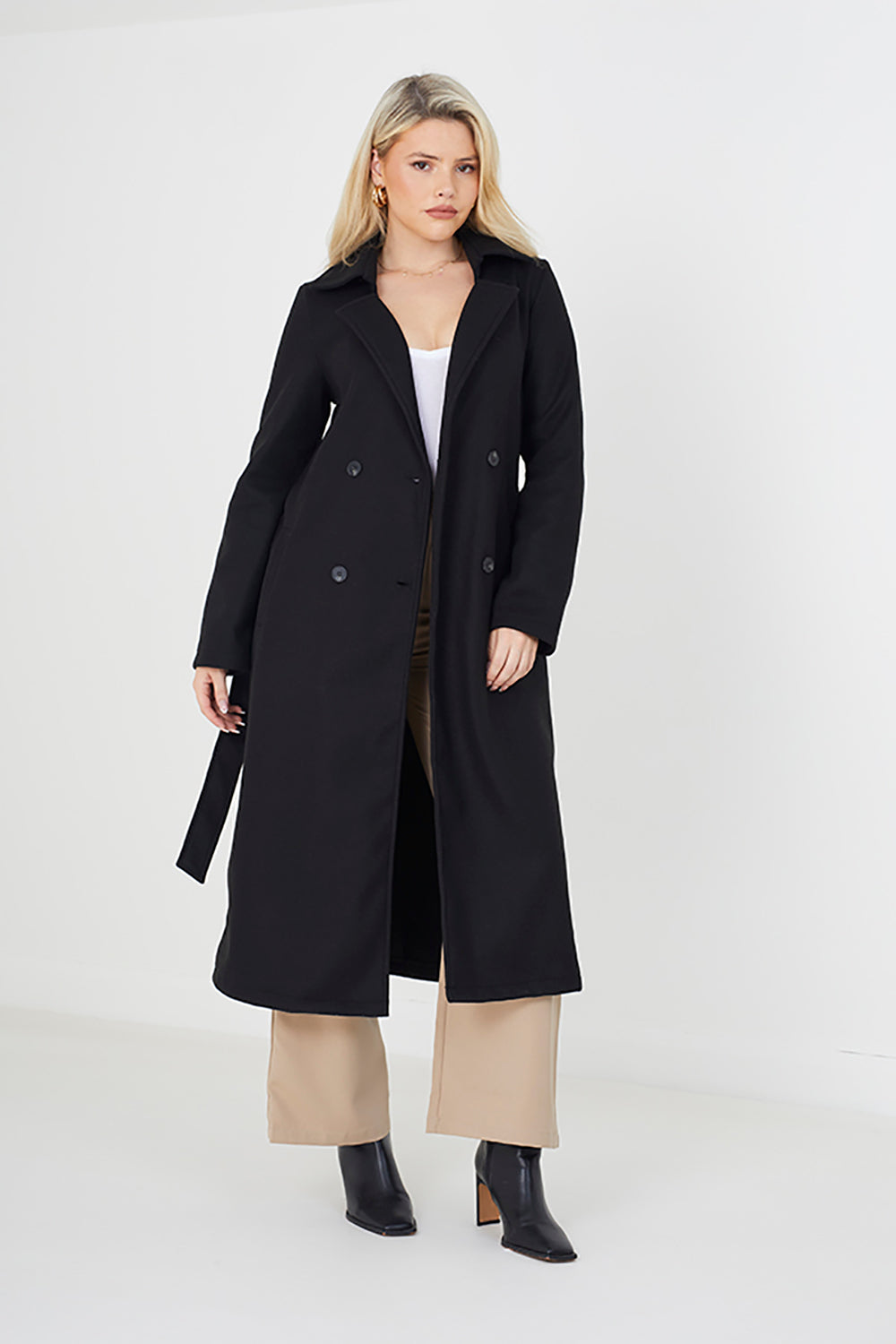 Brave Soul Black Maxi Double Breasted Faux Wool Coat - Black Image 2
