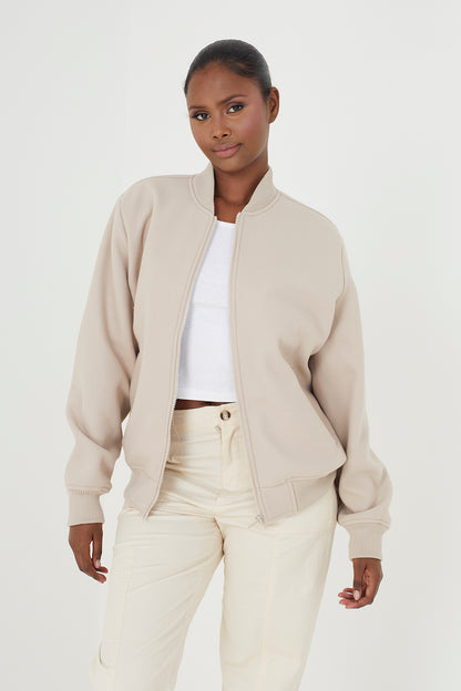 Brave Soul Beige Faux Wool Bomber Jacket - Beige Image 1