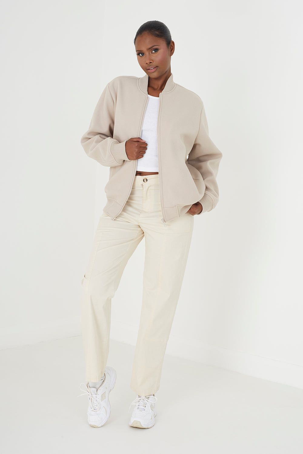 Brave Soul Beige Faux Wool Bomber Jacket - Beige Image 3