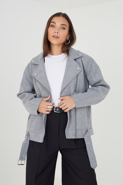 Brave Soul Grey Faux Wool Oversized Biker Style Jacket - Grey Image 1