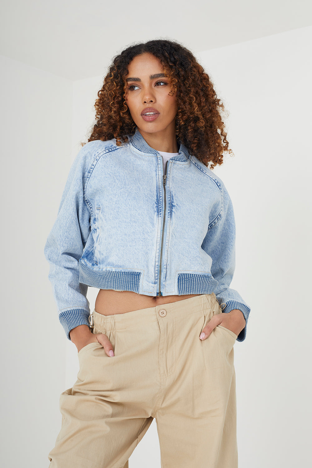 Brave Soul Light Blue Cropped Denim Bomber Jacket - Light Blue Image 1