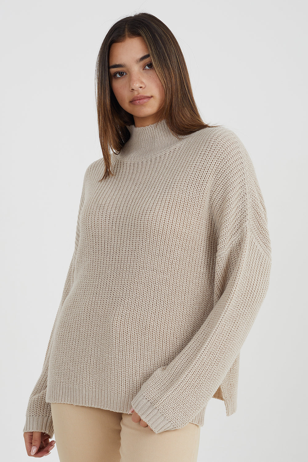 Brave Soul Stone Turtle Neck Oversized Jumper - Stone Image 1