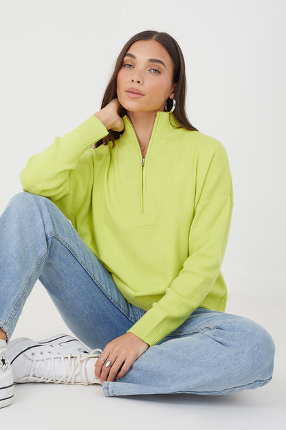 Brave Soul Lime 1/2 Zip Knitted Jumper - Lime Image 1