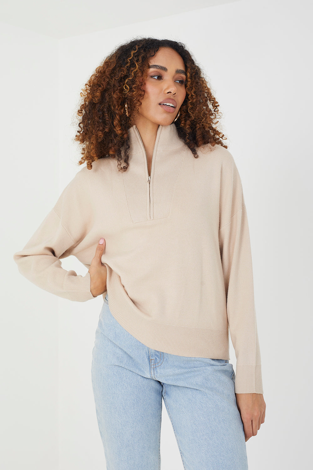 Brave Soul Stone 1/2 Zip Knitted Jumper - Stone Image 1