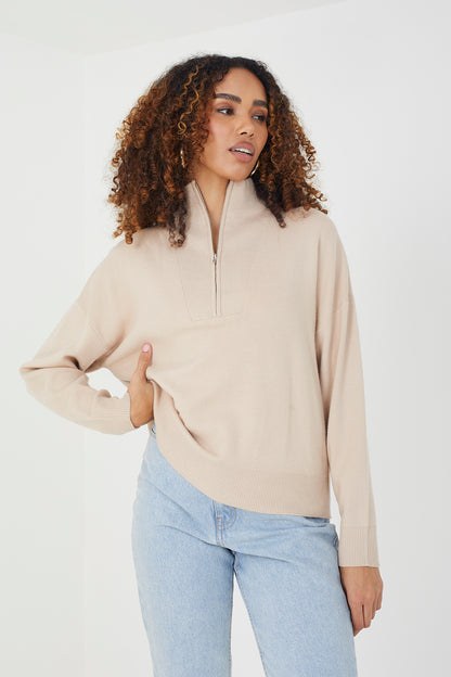 Brave Soul Stone 1/2 Zip Knitted Jumper - Stone Image 1