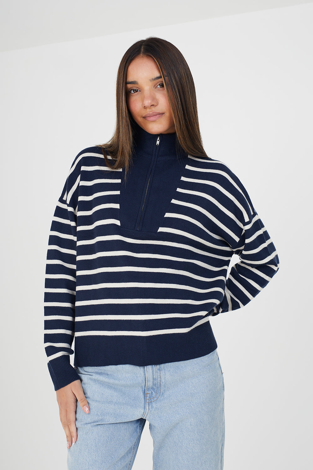 Brave Soul Navy Striped 1/2 Zip Knitted Jumper - Navy Image 1