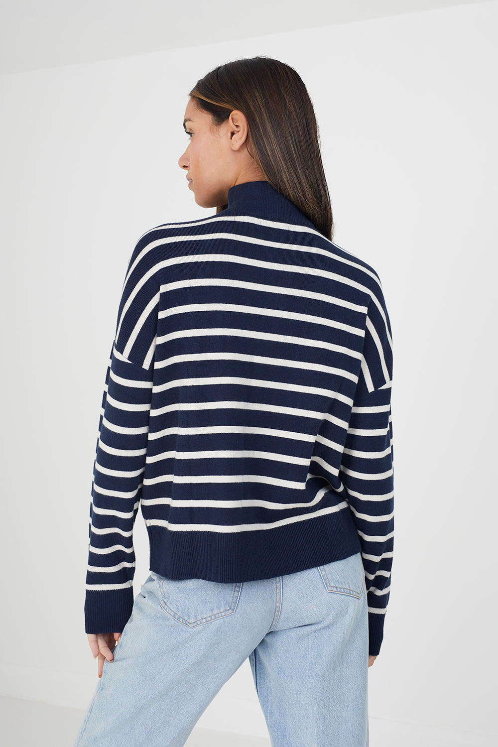 Brave Soul Navy Striped 1/2 Zip Knitted Jumper - Navy Image 2