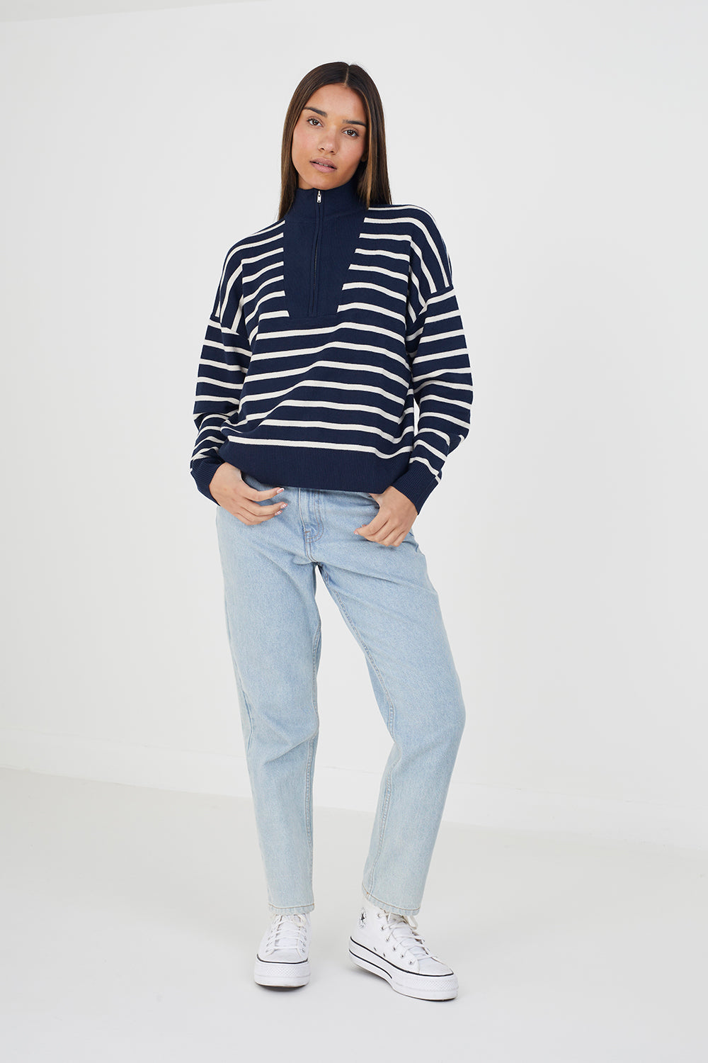 Brave Soul Navy Striped 1/2 Zip Knitted Jumper - Navy Image 3