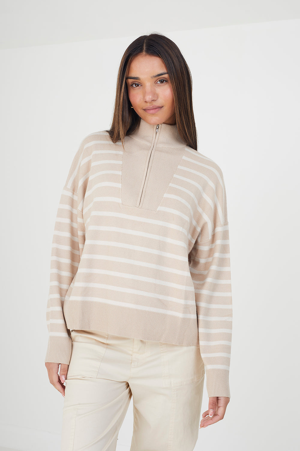 Brave Soul Stone Striped 1/2 Zip Knitted Jumper - Stone Image 1