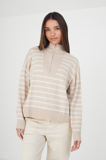 Brave Soul Stone Striped 1/2 Zip Knitted Jumper - Stone Image 1