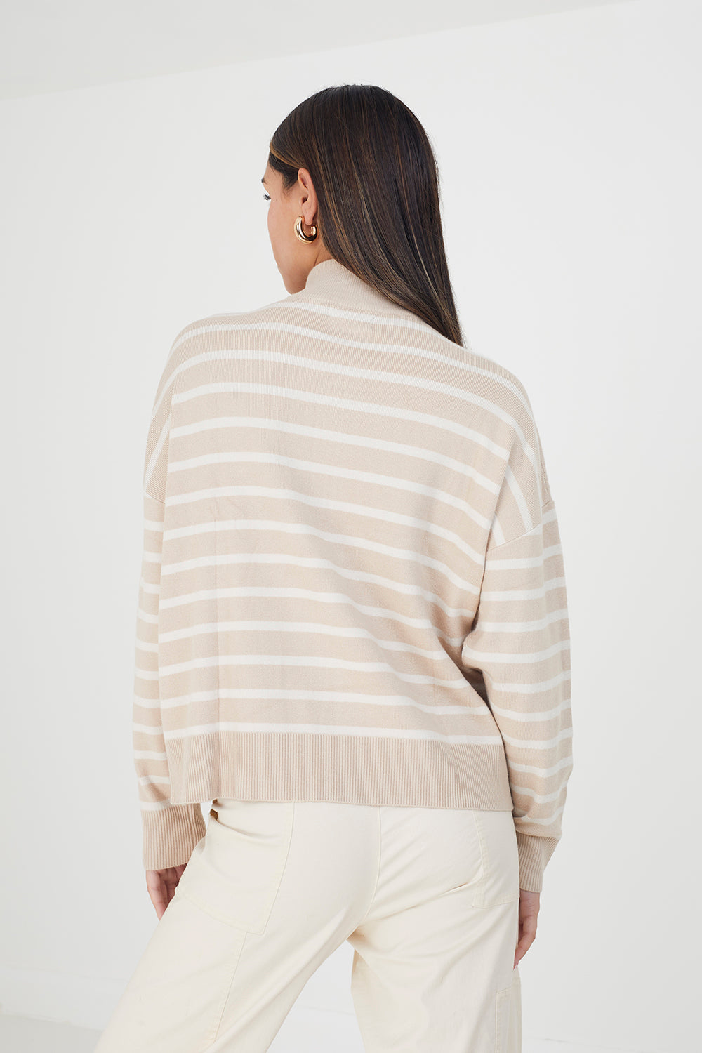 Brave Soul Stone Striped 1/2 Zip Knitted Jumper - Stone Image 2