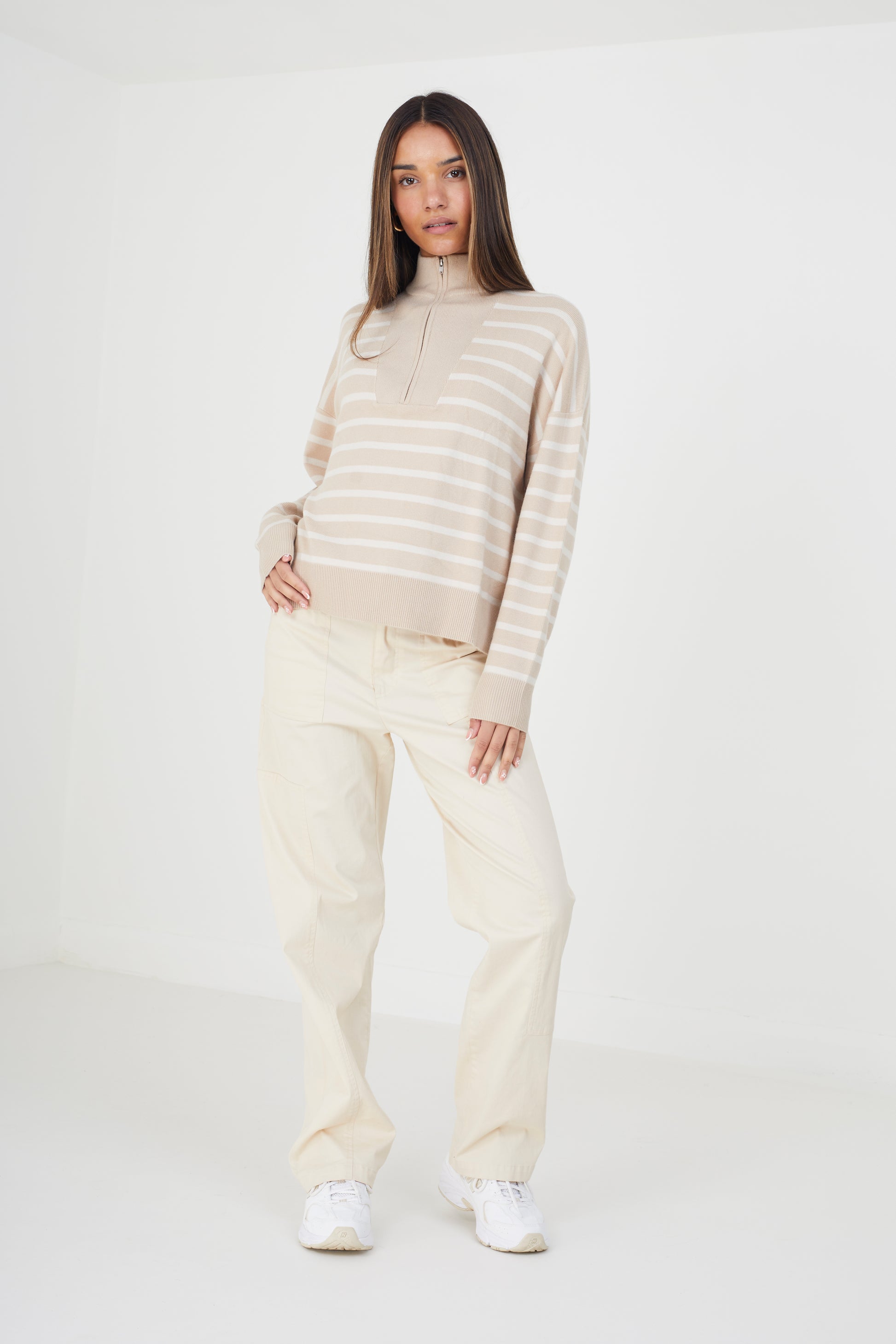 Brave Soul Stone Striped 1/2 Zip Knitted Jumper - Stone Image 3