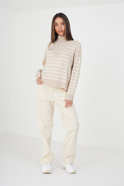 Brave Soul Stone Striped 1/2 Zip Knitted Jumper - Stone Image 3