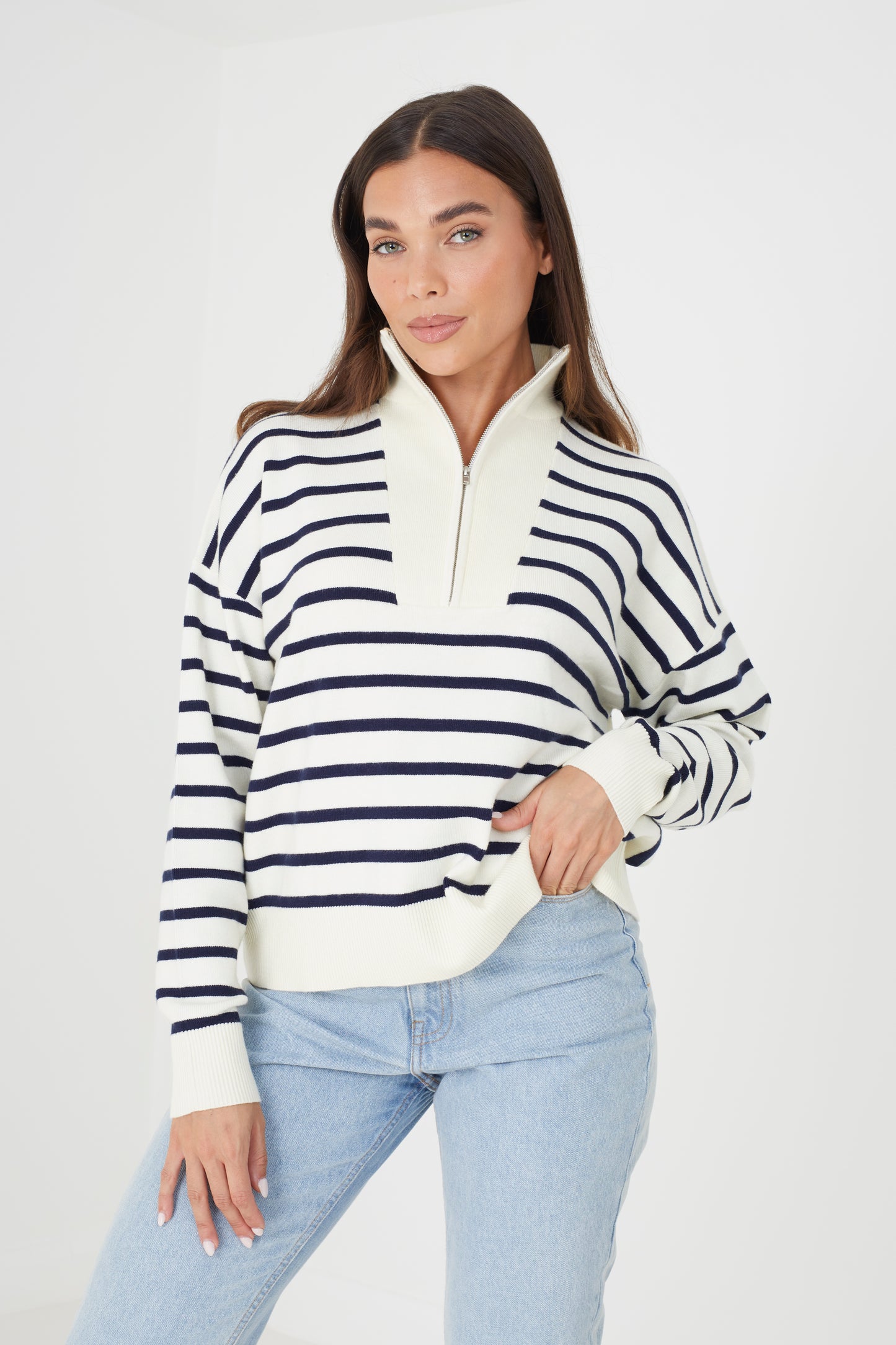 Brave Soul Ivory Striped 1/2 Zip Knitted Jumper - Ivory Image 1