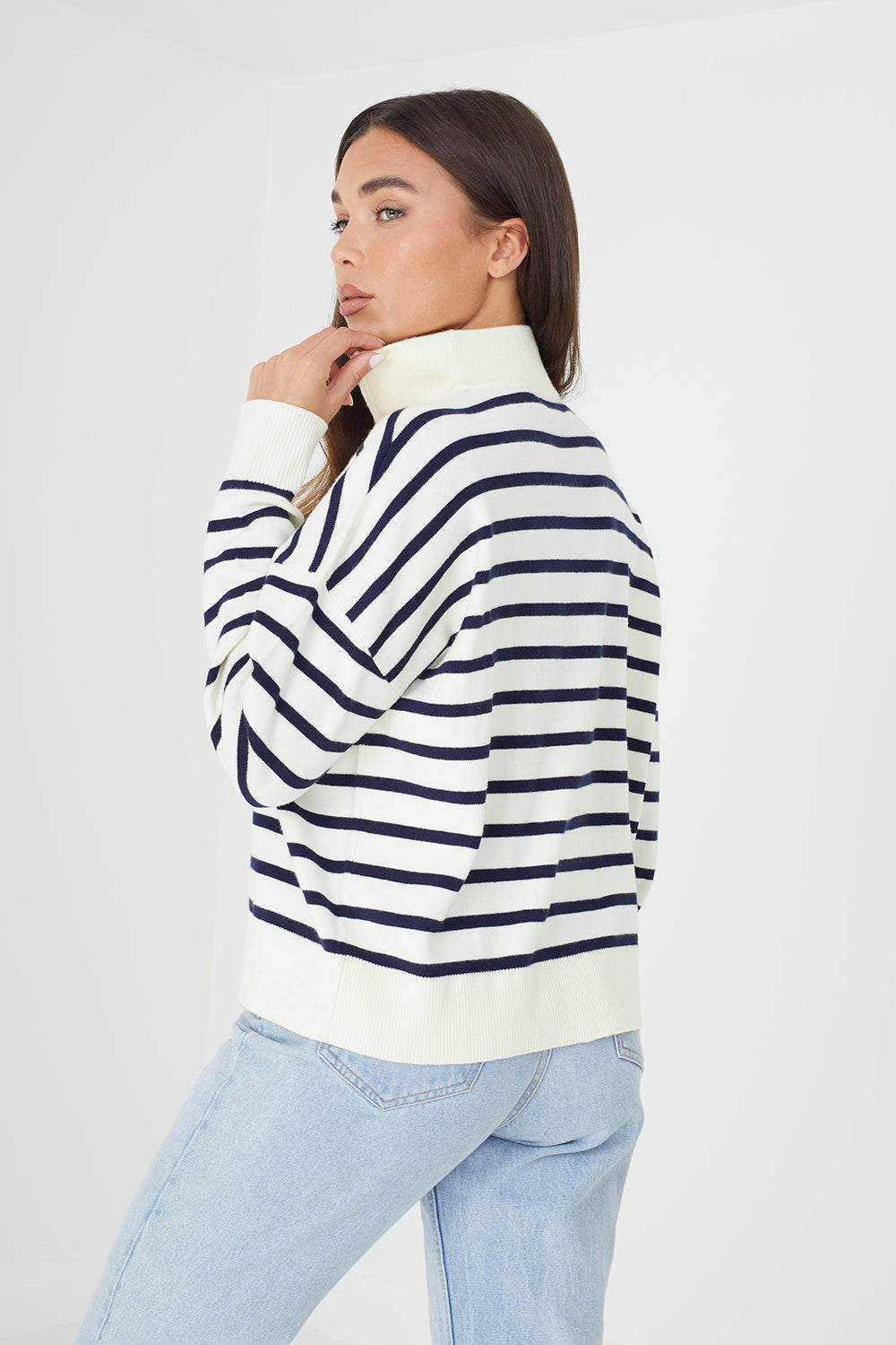 Brave Soul Ivory Striped 1/2 Zip Knitted Jumper - Ivory Image 2