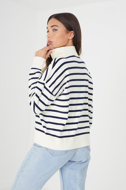 Brave Soul Ivory Striped 1/2 Zip Knitted Jumper - Ivory Image 2