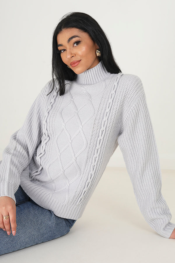 Brave Soul Light Grey Funnel Neck Cable Knit Jumper - Light Grey Image 1