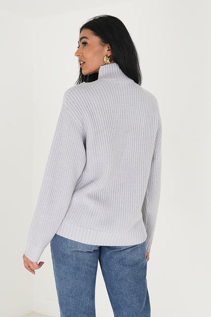 Brave Soul Light Grey Funnel Neck Cable Knit Jumper - Light Grey Image 2
