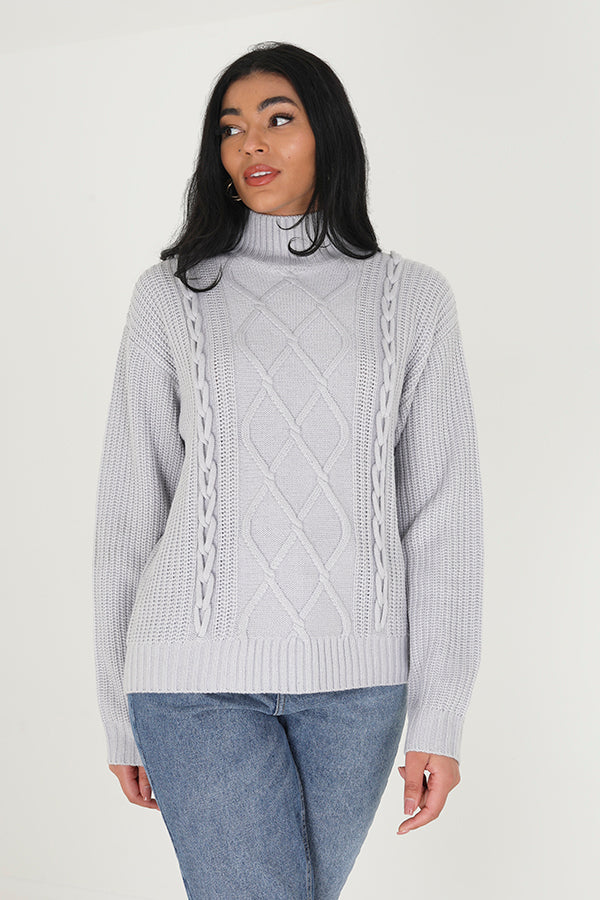 Brave Soul Light Grey Funnel Neck Cable Knit Jumper - Light Grey Image 3