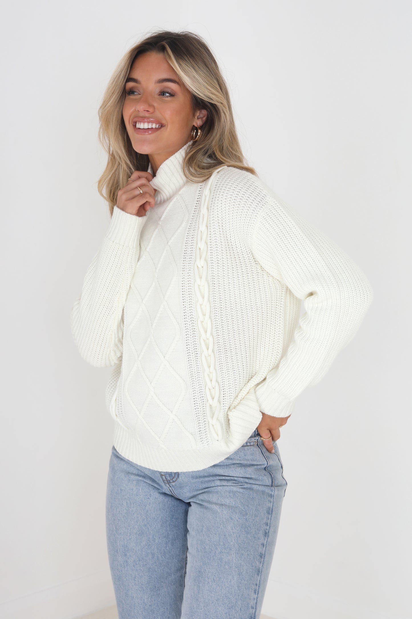 Brave Soul Cream Funnel Neck Cable Knit Jumper - Cream Image 1