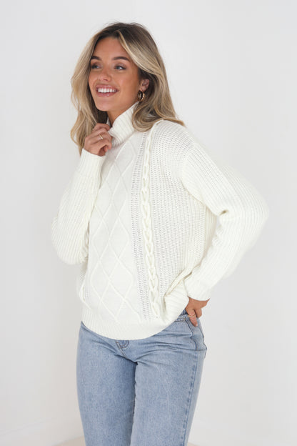 Brave Soul Cream Funnel Neck Cable Knit Jumper - Cream Image 1