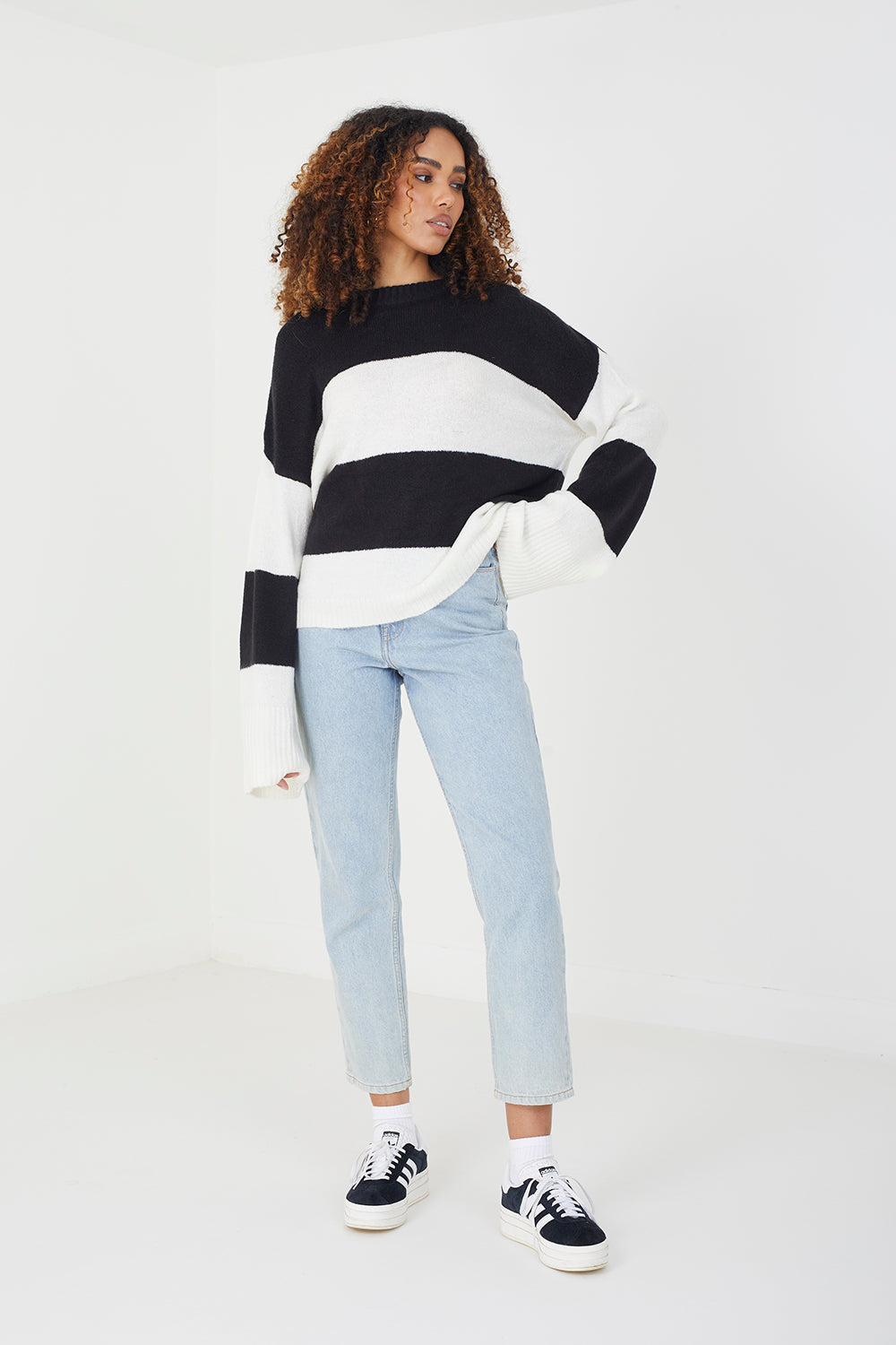 Brave Soul Black Striped Lightweight Knitted Jumper - Black Image 1