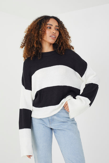 Brave Soul Black Striped Lightweight Knitted Jumper - Black Image 2