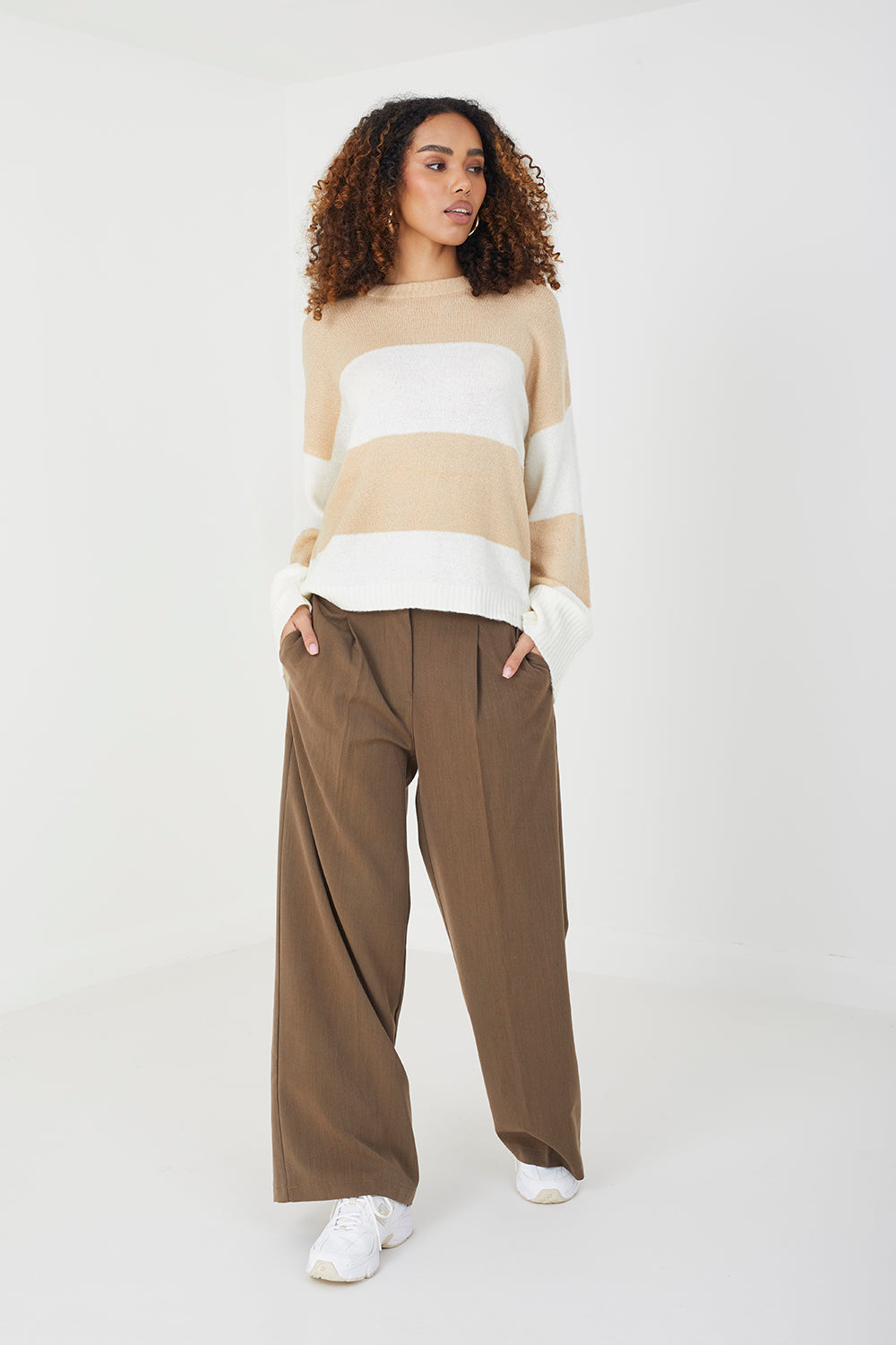 Brave Soul Beige Striped Lightweight Knitted Jumper - Beige Image 1