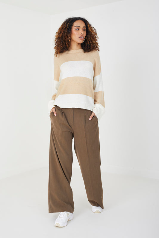 Brave Soul Beige Striped Lightweight Knitted Jumper - Beige Image 1