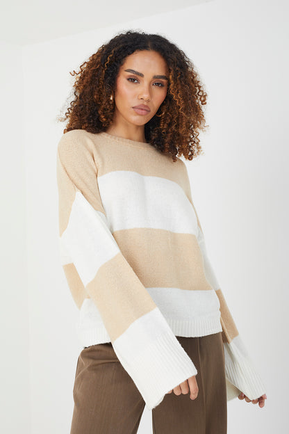 Brave Soul Beige Striped Lightweight Knitted Jumper - Beige Image 2