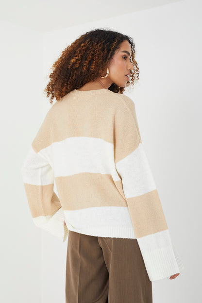 Brave Soul Beige Striped Lightweight Knitted Jumper - Beige Image 3
