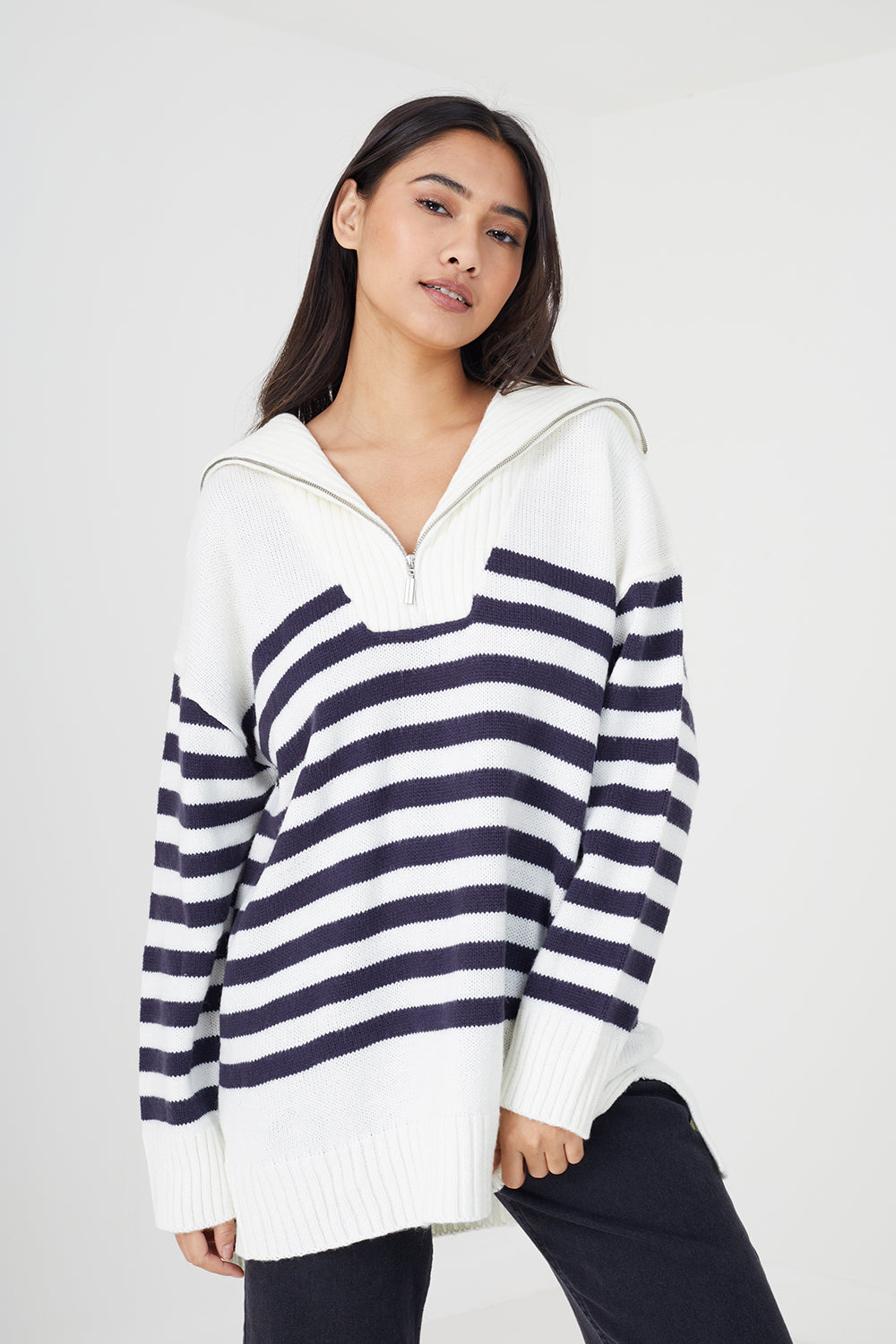 Brave Soul Ivory Striped Oversized 1/2 Zip Knitted Jumper - Ivory Image 1
