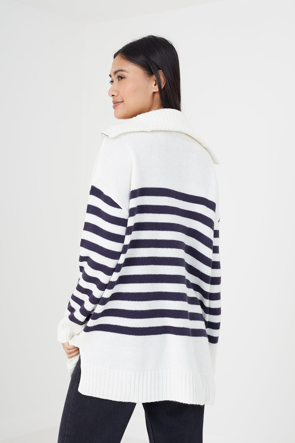 Brave Soul Ivory Striped Oversized 1/2 Zip Knitted Jumper - Ivory Image 2
