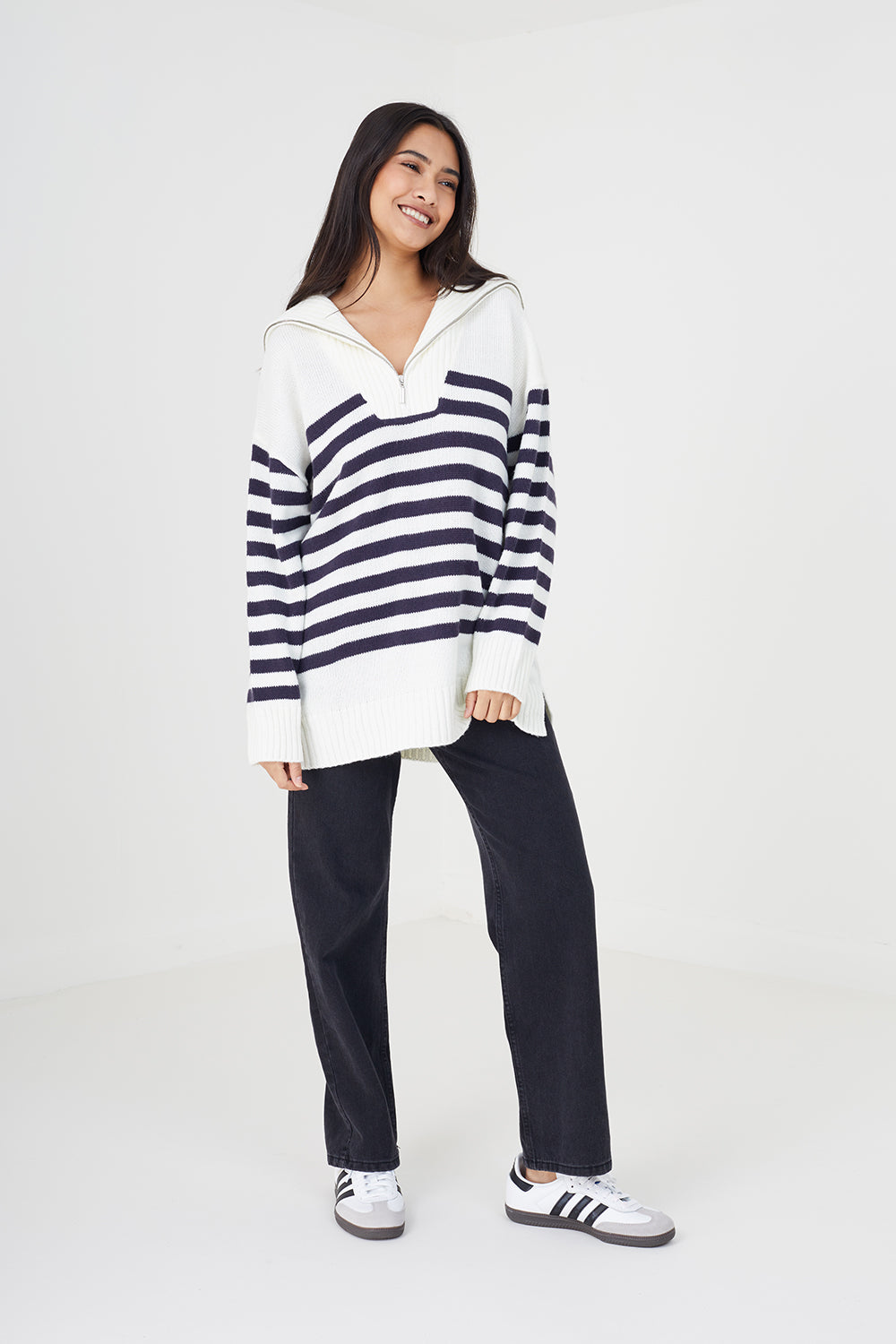 Brave Soul Ivory Striped Oversized 1/2 Zip Knitted Jumper - Ivory Image 3