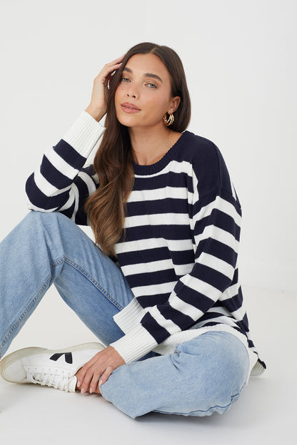 Brave Soul Dark Navy Fine Stripe Oversized Knitted Jumper - Dark Navy Image 1