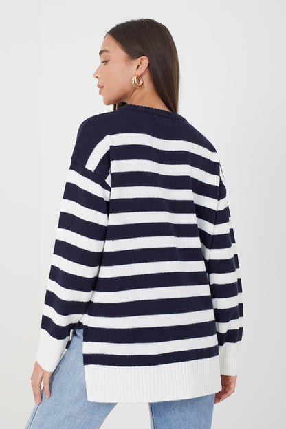 Brave Soul Dark Navy Fine Stripe Oversized Knitted Jumper - Dark Navy Image 2