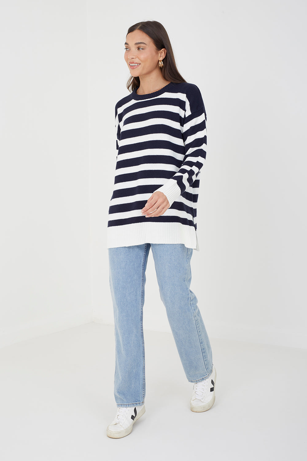 Brave Soul Dark Navy Fine Stripe Oversized Knitted Jumper - Dark Navy Image 3