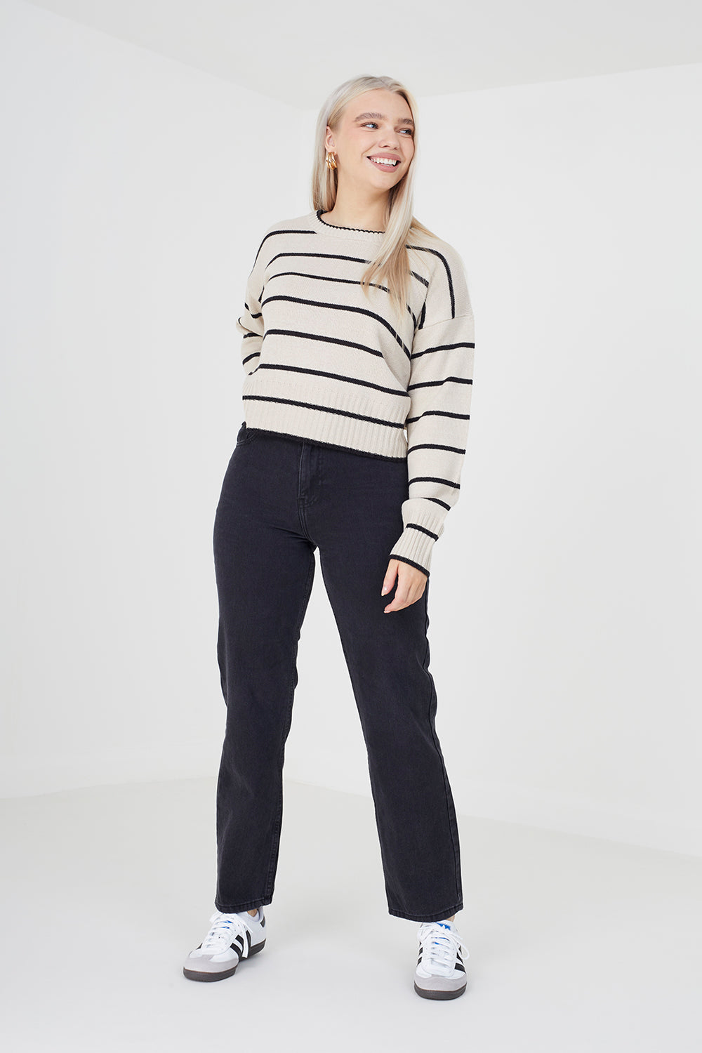 Brave Soul Beige Fine Stripe Lightweight Knitted Jumper - Beige Image 1