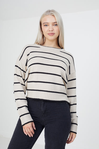 Brave Soul Beige Fine Stripe Lightweight Knitted Jumper - Beige Image 2