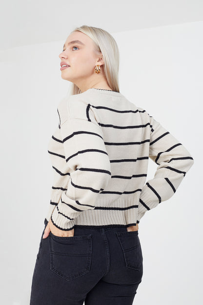 Brave Soul Beige Fine Stripe Lightweight Knitted Jumper - Beige Image 3