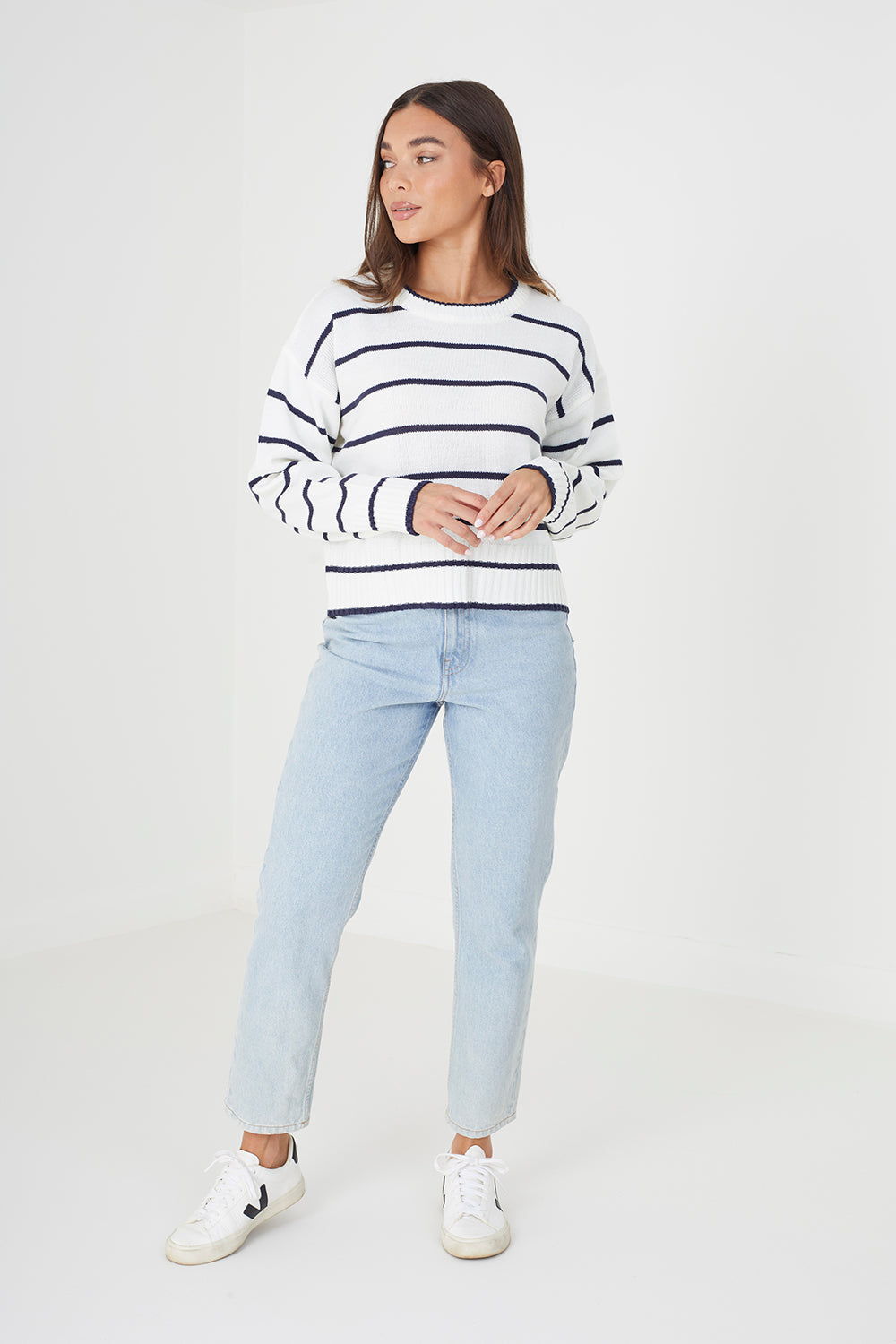 Brave Soul Ivory Fine Stripe Lightweight Knitted Jumper - Ivory Image 1
