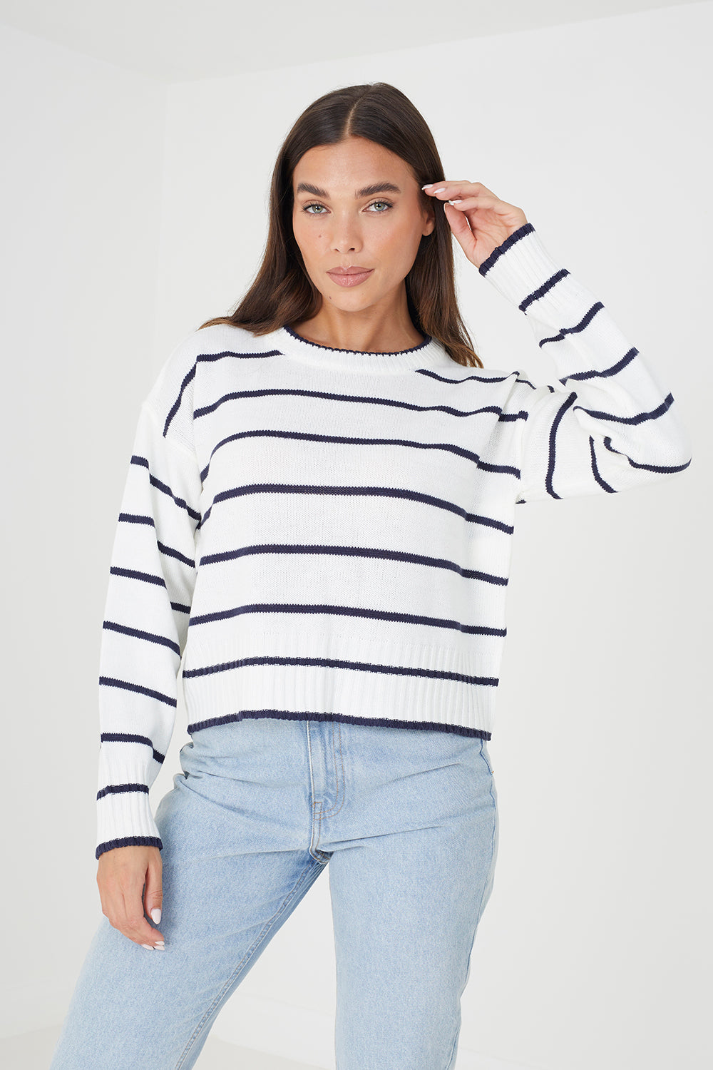 Brave Soul Ivory Fine Stripe Lightweight Knitted Jumper - Ivory Image 2